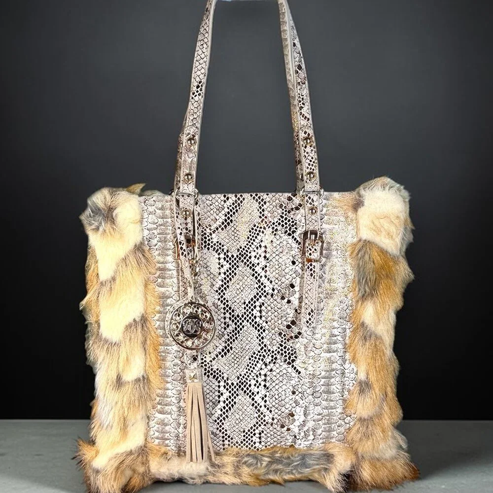 Sharif Studio Rare Snake Embossed Leather & Faux Fur Trimmed Shoulder Tote Bag